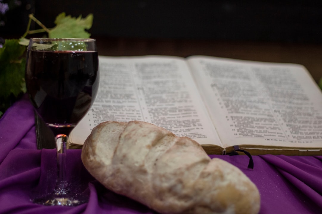 Communion on a table with an open BIble